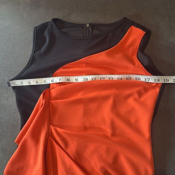 Women’s Black & Orange Asymmetrical Ruffled Front Midi Dress Zip Up Back Size M - Picture 9 of 13